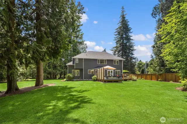 Looking back at the house - a flat, grassy lawn, loads of sunlight, and perfect groves of trees throughout, mature landscaping and meticulously maintained, this is the house you'd love to call home!