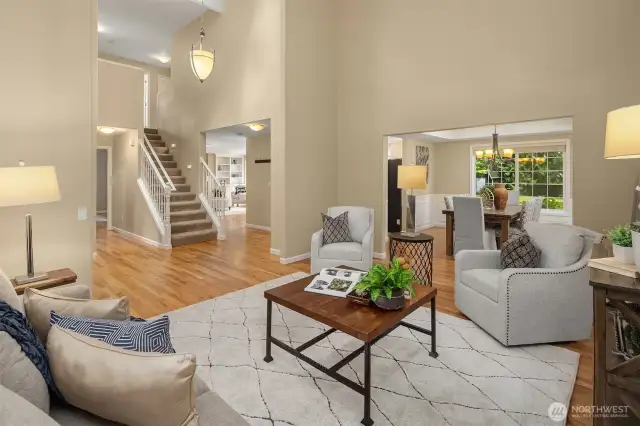 Tall vaulted ceilings add to the volume, creating an airy and open atmosphere.