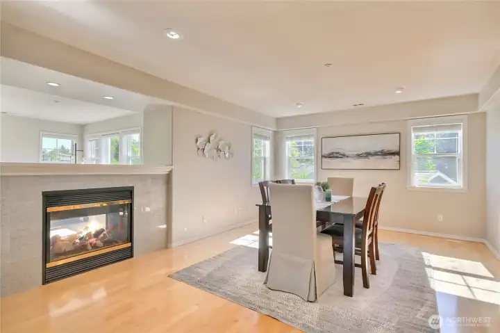 Sophisticated dining room with fireplace (Digitally enhanced flame) and room for everyone.