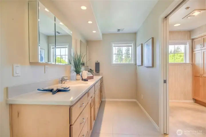 Large primary suite bath with 2 sinks, shower and private toilet room.