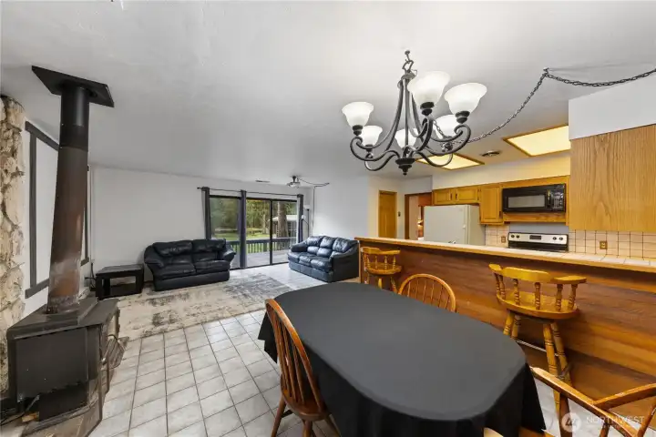 ADU living, dining & kitchen.  All tile floors & tile counters