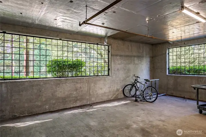 Bike racks in secured garage.