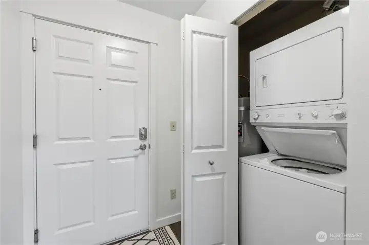 Washer-dryer, as well as the water heater, are in the entryway utility closet.