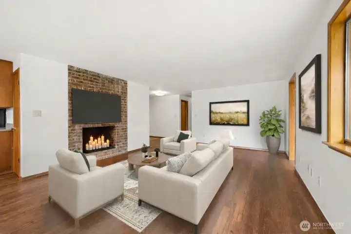 View of living room from back slider. (Virtually staged)