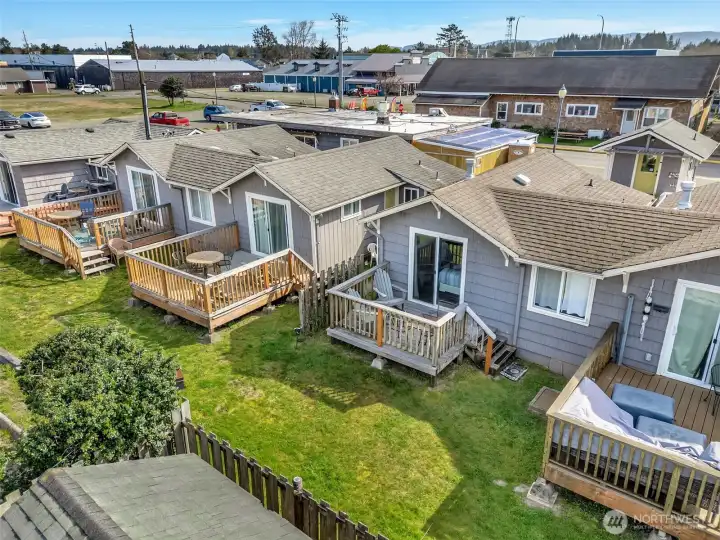 Aerial view of Akari Bungalows community showcasing coastal cottages near the beach in Long Beach Washington