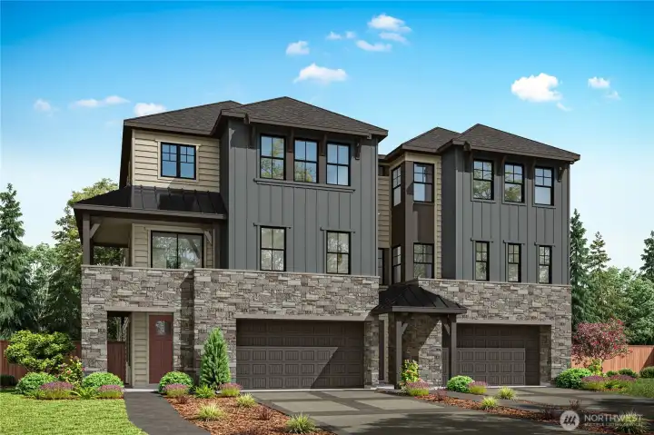Exterior rendering. Colors and features may vary. Homesites 15 and 16. Paired homes. For marketing purposes only