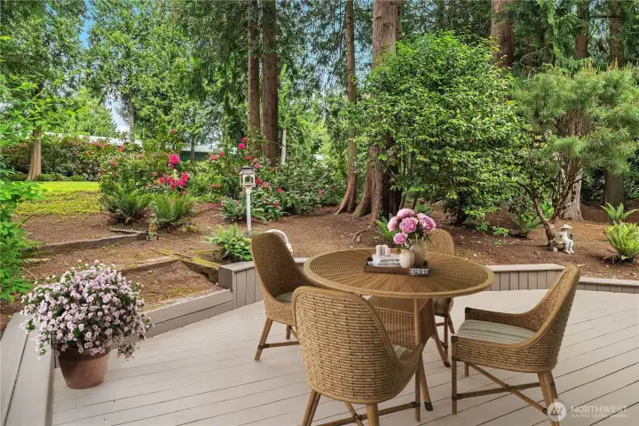 Enjoy morning coffee on your large entertaining deck. Enjoy morning coffee on your large entertaining deck.