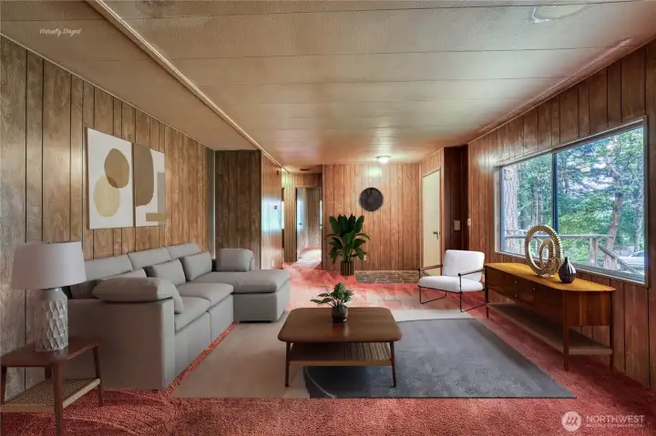 Virtually staged family room.