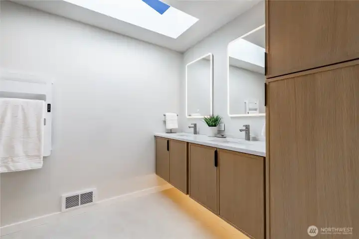 Heated towel warmer, large format Hex tile w/radiant heat