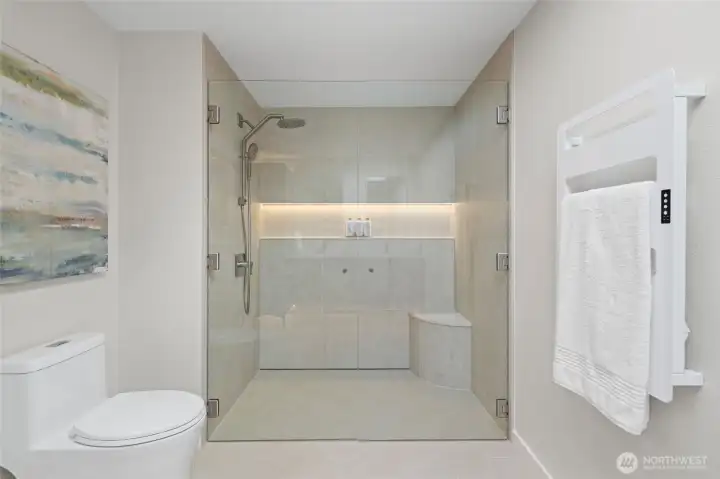 24"48" Italian tile walk in shower with zero threshold, corner bench & LED