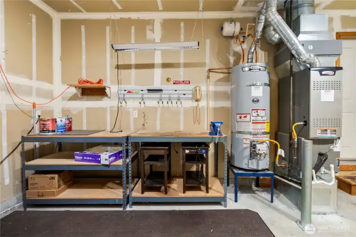 Gas hot water and furnace in garage, work bench stays.