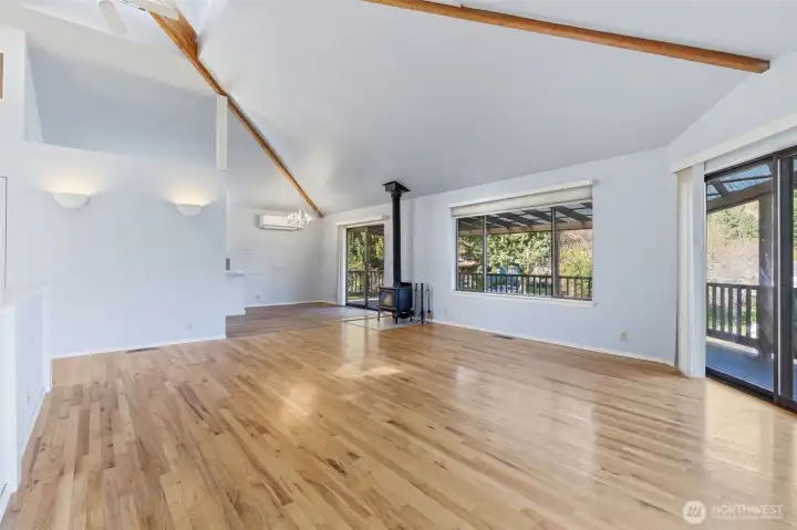 shiny wood floors and cozy wood stove
