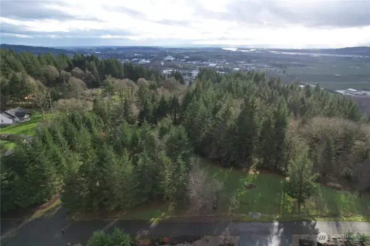 Aerial view of property looking towards the Columbia River. 114 Skyview Rd, Woodland a 5 acre corner lot.