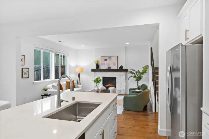 Gas fireplace helps add coziness to the open floor plan.