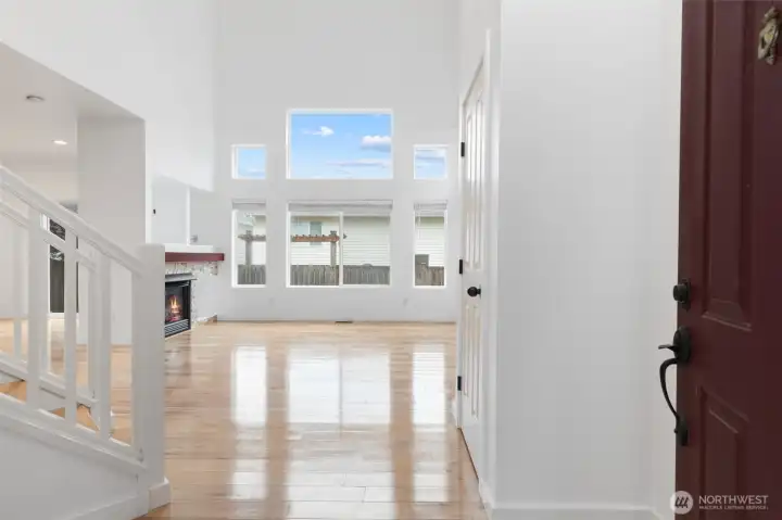 Cathedral ceilings in the living room and entry