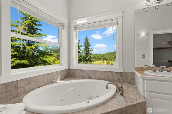 Relaxing soaking tub is nestled beside expansive windows overlooking the surrounding greenery. Relaxing soaking tub is nestled beside expansive windows overlooking the surrounding greenery.