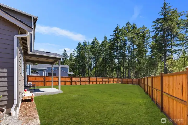 Spacious backyard with lawn area, perimeter fencing, and a backdrop of mature trees.