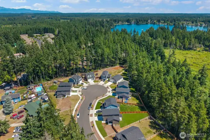 Aerial perspective showcasing the neighborhood's proximity to surrounding natural areas and nearby amenities.