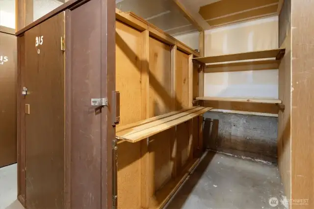 This storage unit is 8 feet deep; 4 feet wide and 8 feet high and it has shelving.