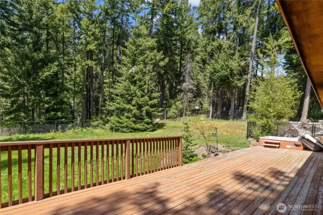 Back deck is the length of the whole house! It is plumbed for BBQ & has exterior hose bibs. Hot tub is on porch.