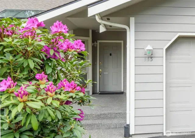 Entry to the left of the garage and right of the entry patio