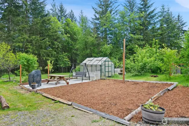 Green house, patio area, lots of sunshine. This could be a great vegetable garden.