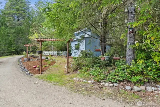 The approach to the potting shed/well house.   Did you notice the bear on the tree?