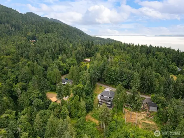 An aerial view of the land between the two homes.