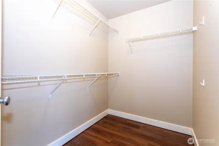 The primary suite includes a large walk-in closet with built-in shelving and ample hanging space—ready to organize your entire wardrobe.