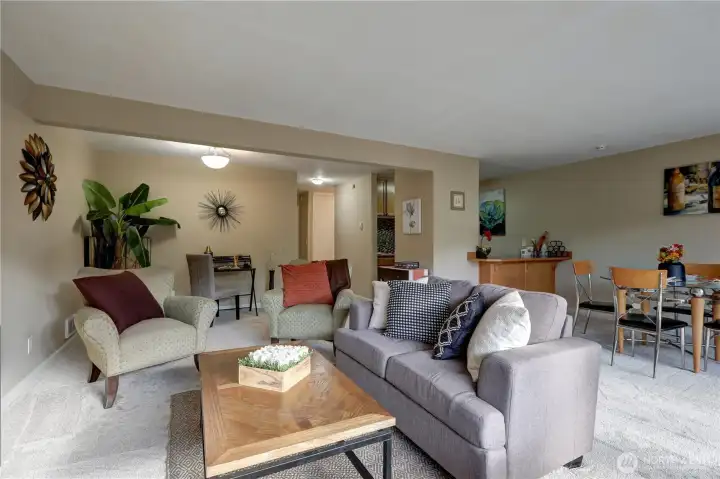 view from deck/DR, Kitchen to right. Virtual stage