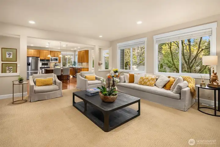 The kitchen and living room effortlessly join for today's living.