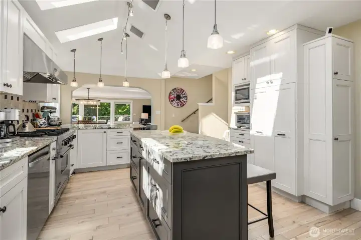 Kitchen island, granite counters, and massive storage.