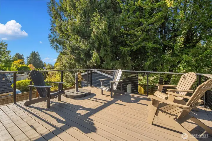 Sunny deck has some nice views.