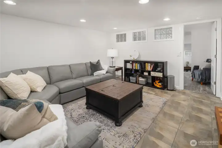 Basement rec room is good size.