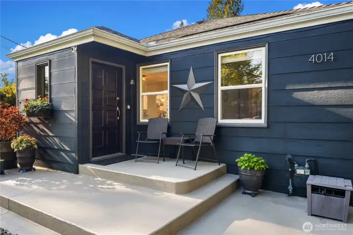 Welcoming front door and patio.