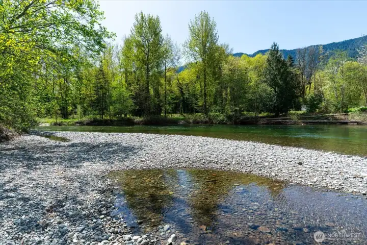 Private waterfront beach area on the South Fork Snoqualmie River from Second 1-Acre Parcel available to purchase