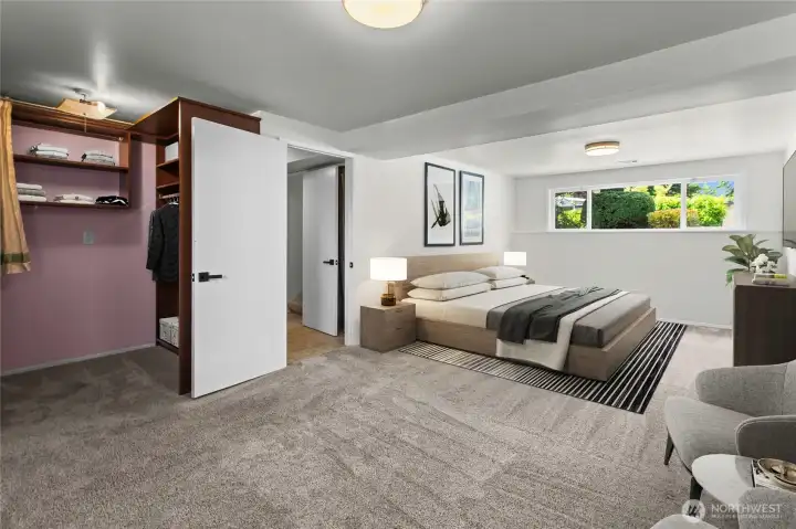 *Photo digitally staged* Massive Primary bedroom with California closets.