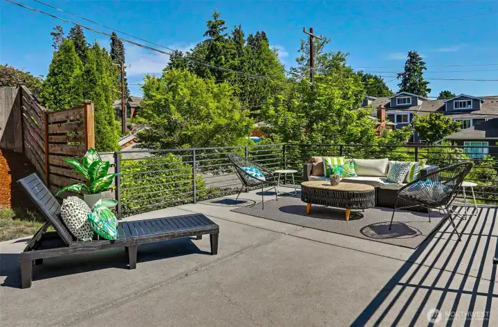 Large deck above the detached garage. Large deck above the detached garage.
