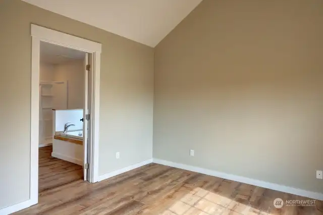 Primary suite with full bath, jetted tub, walk in shower and walk in closet.