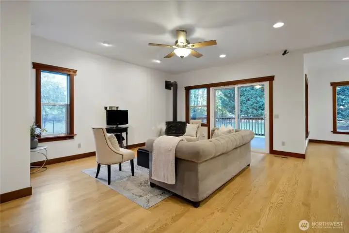 Main living area open to kitchen and dining area.