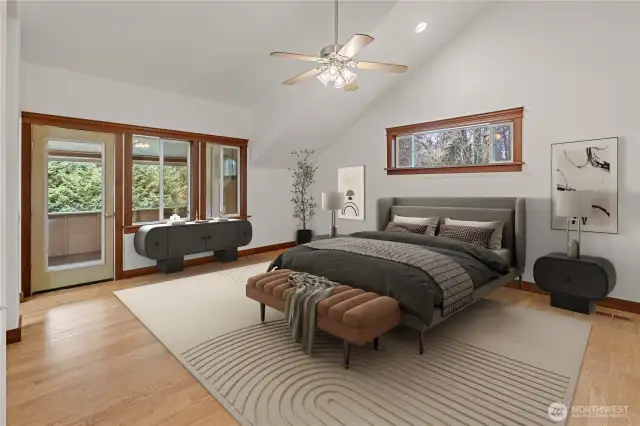 Second Bedroom Upstairs with access to kitchenette and covered deck.  Virtually Staged