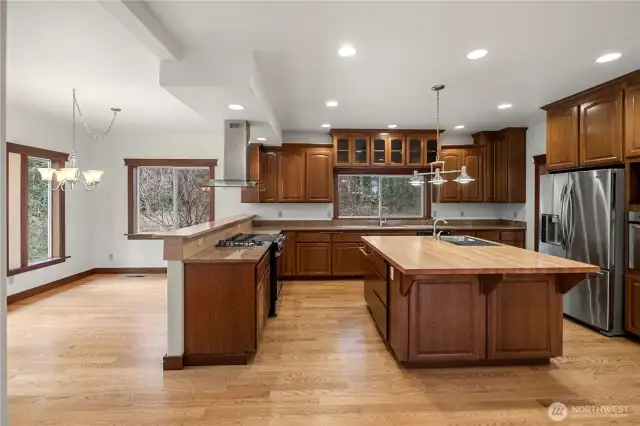 Kitchen with new stove, stainless steel appliances and large bar/eating area with space for a table too.