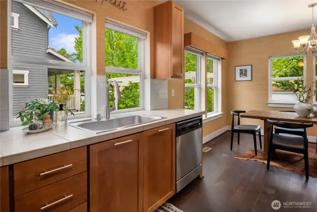 The sink is framed by two large windows that pour in natural light from the western exposure.