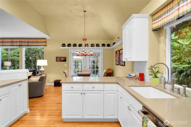 Remodeled kitchen. White, paneled cabinets. Plate rail in breakfast area. Grocery pantry with paneled Quaker door, ventilated wire shelving. Silestone® countertops, deep Limoges sink with English faucet, with west facing window and two-inch blinds, ISE® disposer. Silestone® breakfast bar. Counter-to-cabinet subway-tiled backsplash. KitchenAid® stainless French door refrigerator-freezer. KitchenAid® stainless dishwasher. KitchenAid® stainless duel-fuel gas range with electric oven. KitchenAid® stainless built-in microwave oven. Dramatic 12-foot-high coffered ceiling. Oak-hardwood floor. Breakfast nook. High, coffered ceiling with impressive Vaughan® English chandelier. Traditional plate rails. Divided-light French doors with French doors with high-quality customized storm door/screen door system, leading to private back yard backing to forested Nickel Creek Park, and extended aggregate patio.
