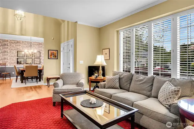 Formal living room. 9-foot ceiling with crown molding. Rich, designer carpet. Divided light windows with two-inch Plantation style shutters.