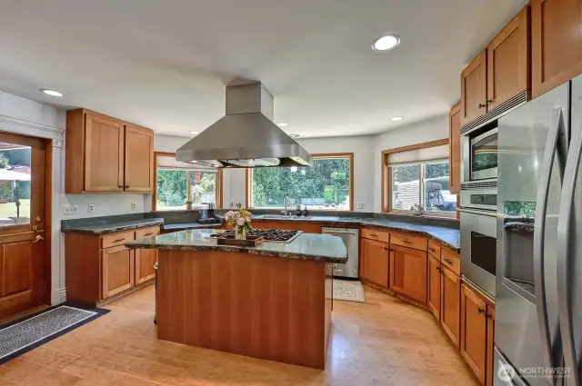 The kitchen is beautiful with tons of windows, high end appliances and truly special Olivine countertops.