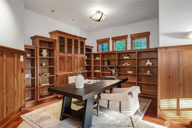 Another look into the Den/Office/Library. Beautiful woodwork with all the Built In Shelves & Cabinets!
