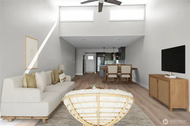 Living room ceiling fan and skylights