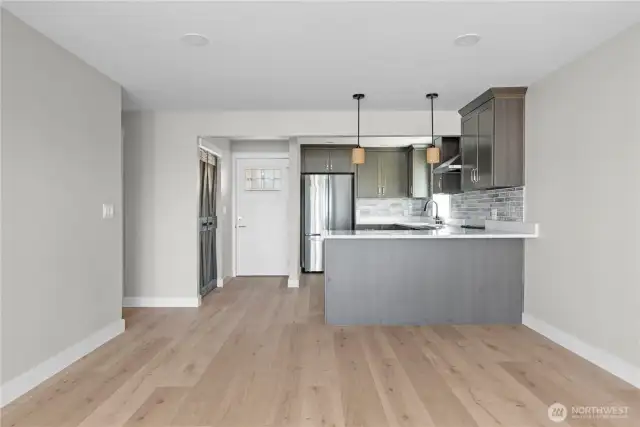 View into the kitchen from the sliding glass door