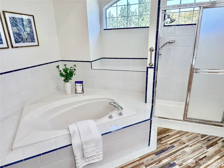 Unwind in the master bathroom's corner soaking tub or refresh in the separate shower with natural light from the large window.
